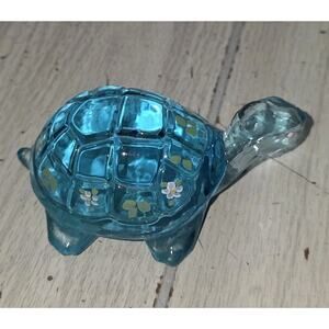 Vtg Fenton Blue Turtle 4" Handpaited White Flowers Glossy Finish Signed